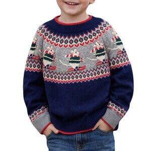 NEW Mini Boden Kids Size 4-5 Y Wool Blend Navy Skiing Mice Fair Isle Sweater $64